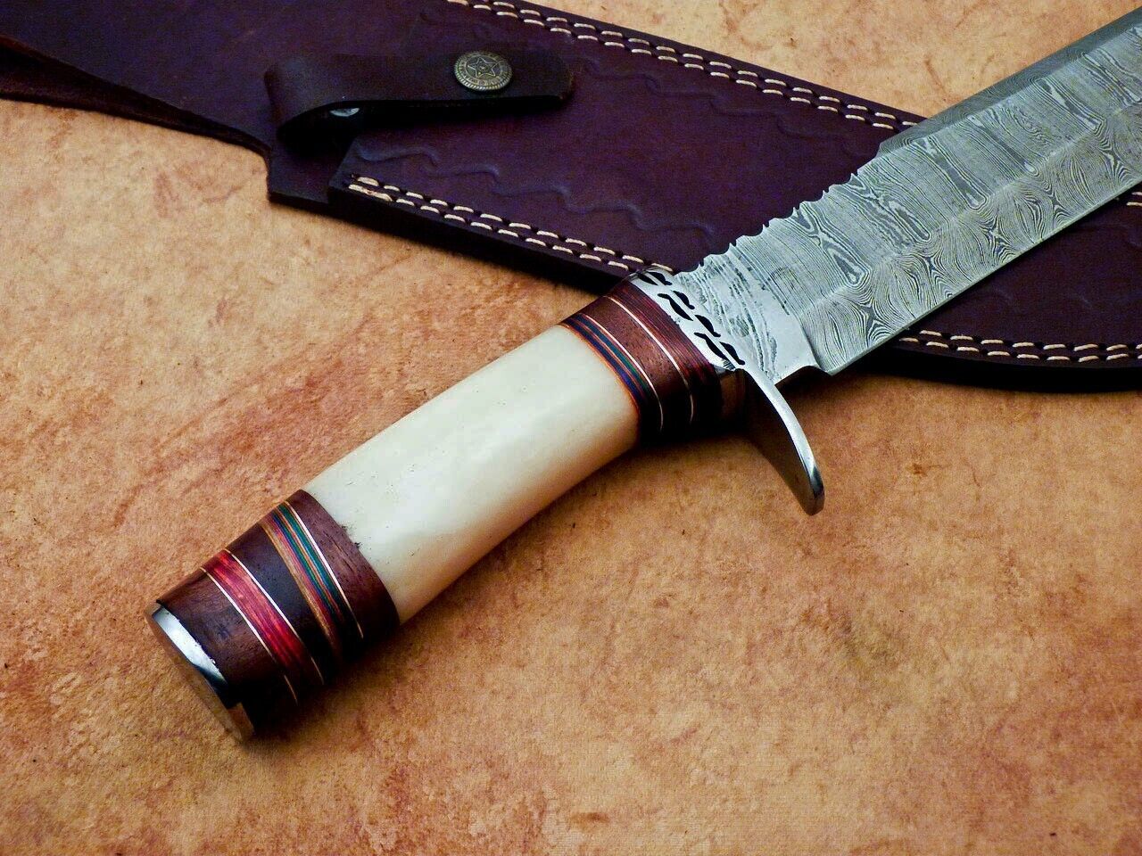 Heritage Forge Handmade Damascus Steel Bowie Knife with Camel Bone Handle for Hunting and Camping