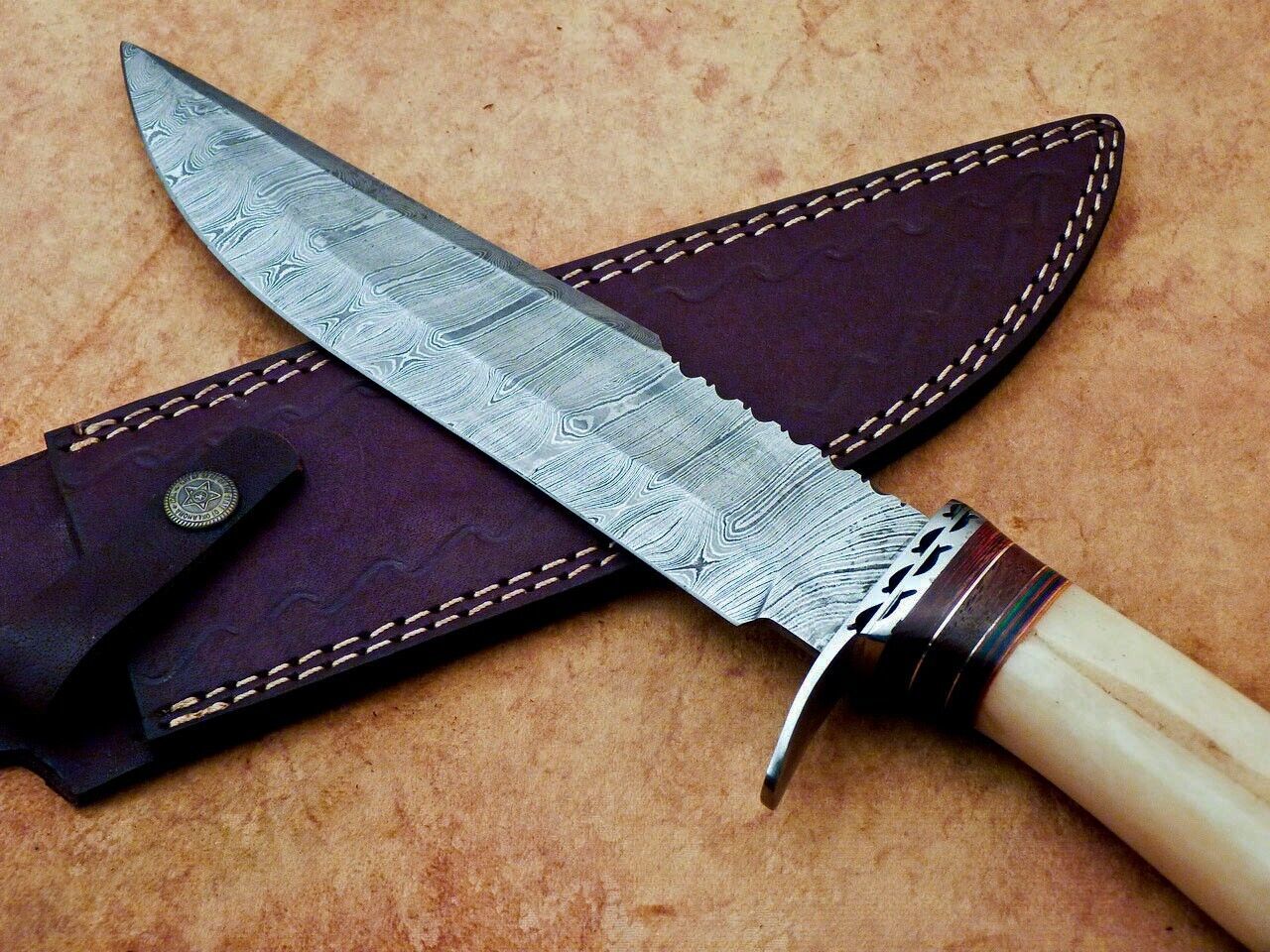 Heritage Forge Handmade Damascus Steel Bowie Knife with Camel Bone Handle for Hunting and Camping