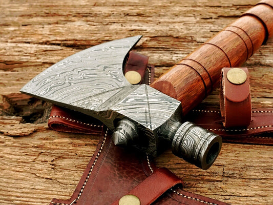 Handmade Damascus Steel Viking Axe Hatchet Functional Axe | 17-Inch with Rose Wood Handle & Leather Sheath