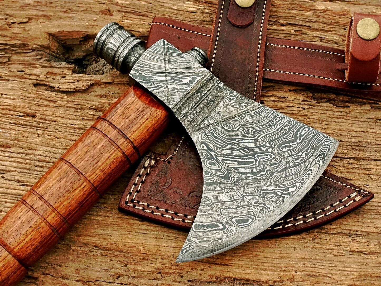 Handmade Damascus Steel Viking Axe Hatchet Functional Axe | 17-Inch with Rose Wood Handle & Leather Sheath