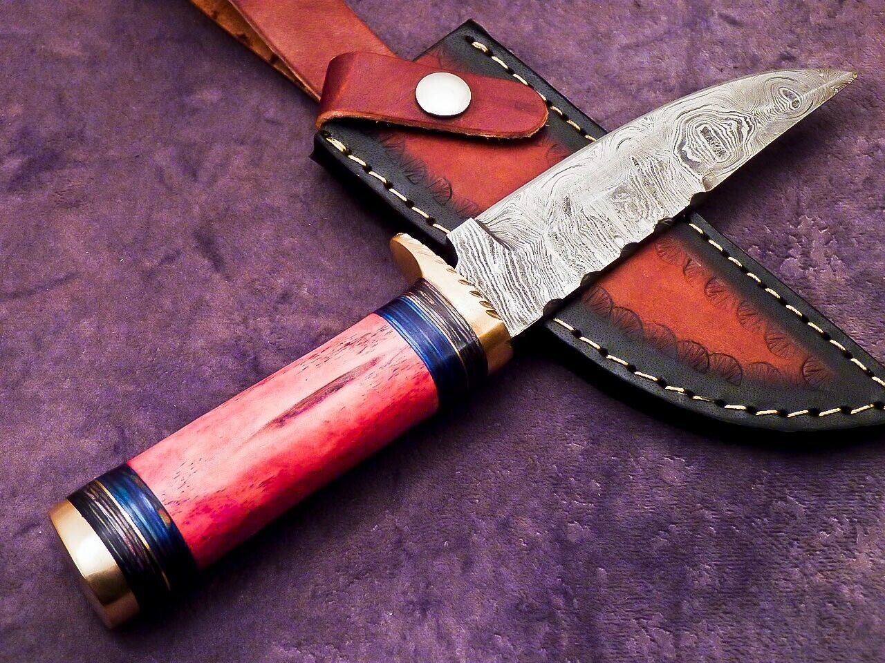 Heritage Forge 10 Inch Damascus Camping Hunting Knife with Camel Bone and Hardwood Handle