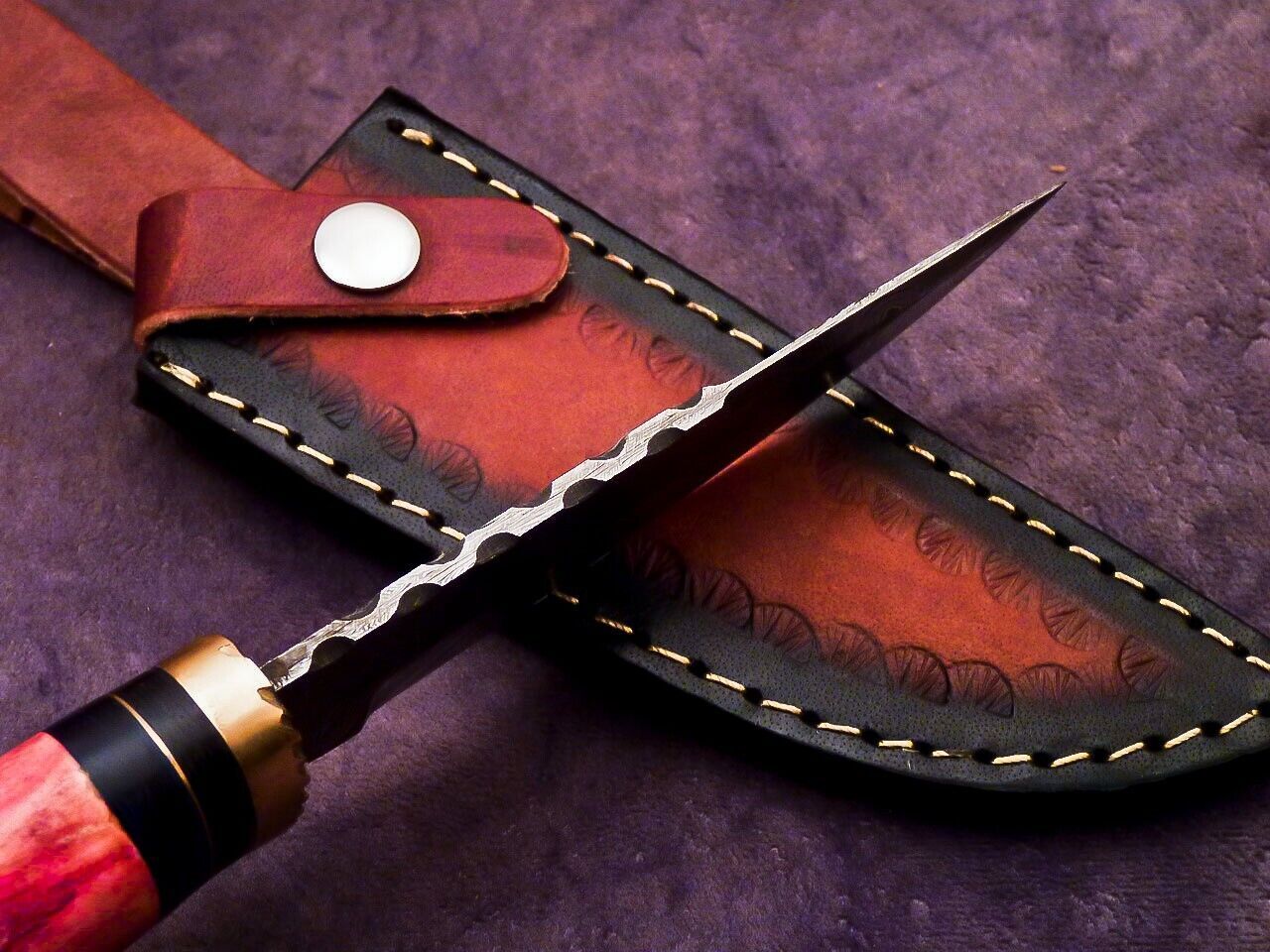Heritage Forge 10 Inch Damascus Camping Hunting Knife with Camel Bone and Hardwood Handle
