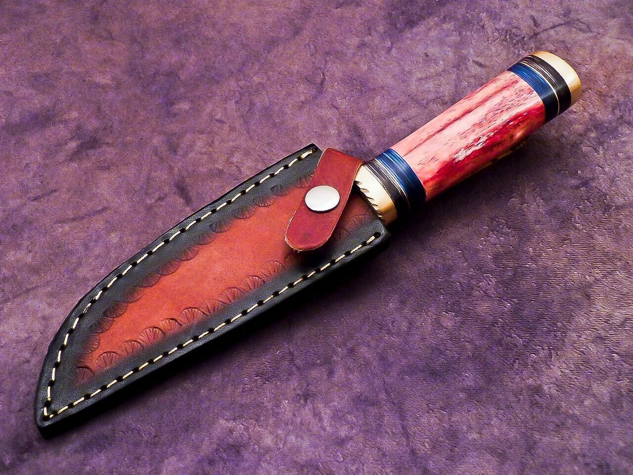 Heritage Forge 10 Inch Damascus Camping Hunting Knife with Camel Bone and Hardwood Handle