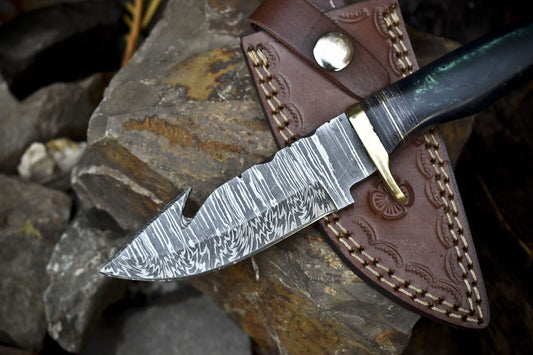 Twist Damascus Skinner Knife with Gut Hook Corian Handle Brass Guard EDC
