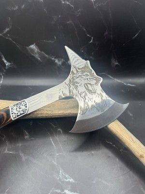 Viking Axe Knife – Wolf Engraved Stainless Steel Fixed Blade with Wood Handle and Sheath