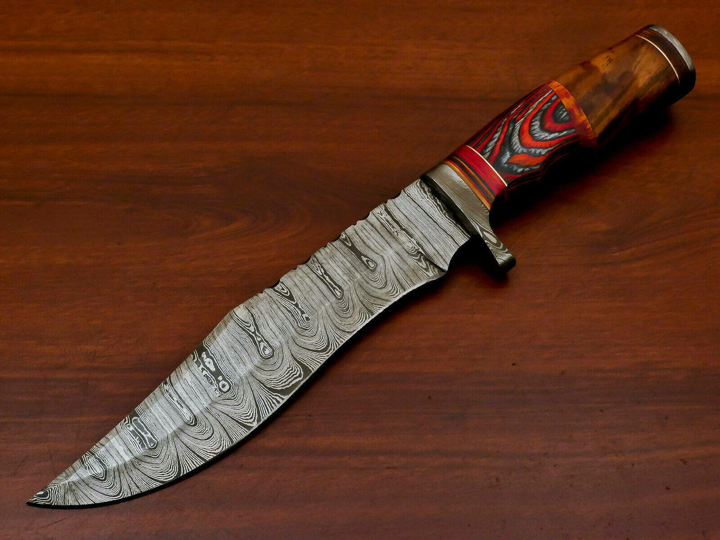 Handmade Damascus Bowie Hunting Knife | Rose Wood & Pakka Wood Handle | 13" Total Length | 4mm Blade