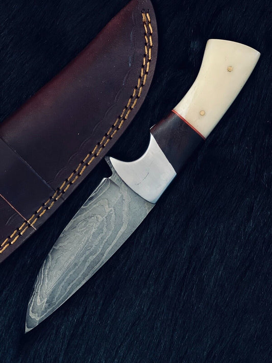 Heritage Forge 9 Inch Twist Damascus Skinner Knife with Camel Bone and Wood Handle