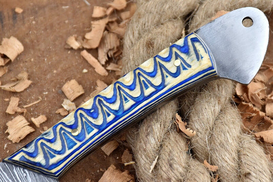 Custom Handmade Forged Damascus Steel Kitchen Chef Knife – 9" Blade with White & Blue Handle