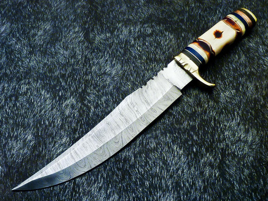 Authentic Hand Forged Damascus Bowie Hunting Knife | Camel Bone Handle | 15" Overall