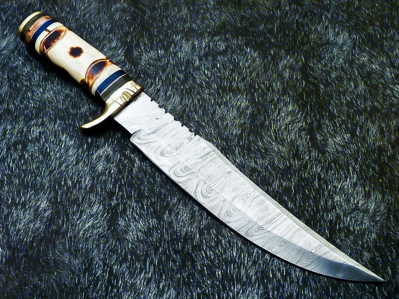 Authentic Hand Forged Damascus Bowie Hunting Knife | Camel Bone Handle | 15" Overall