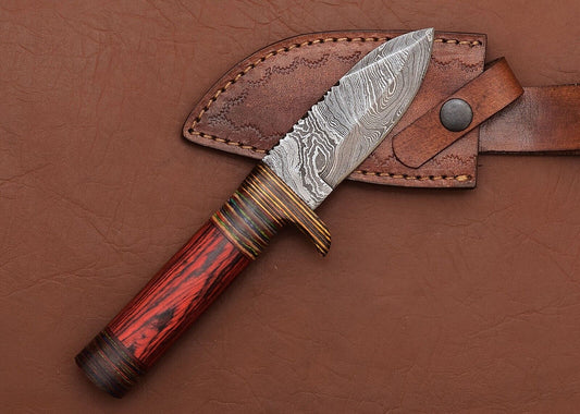 Custom Damascus Skinner Hunting Knife with Pakka Wood Handle | Handmade Fixed Blade