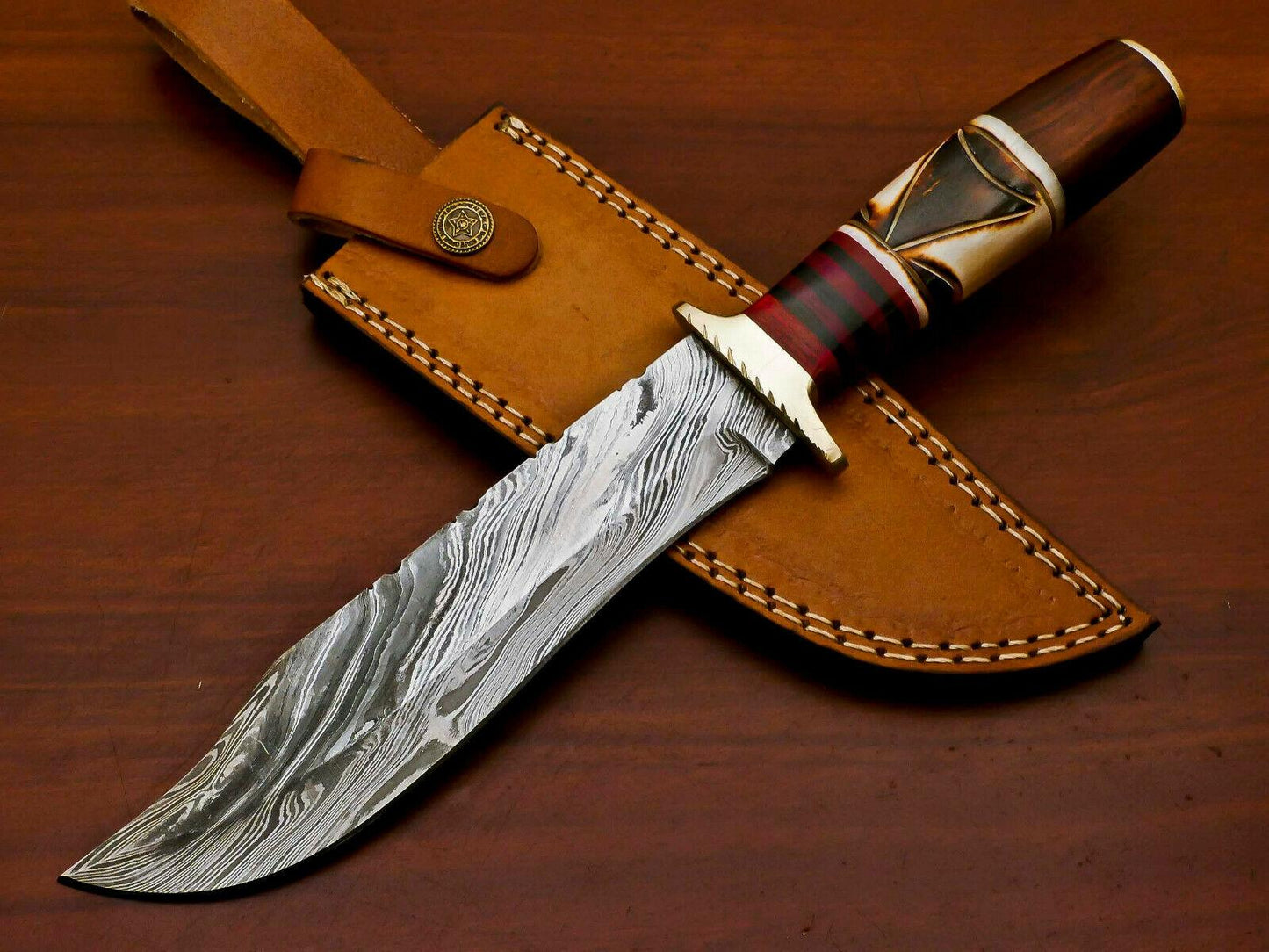Handmade Damascus Bowie Hunting Knife | Burn Camel Bone, Pakka Wood & Rose Wood Handle
