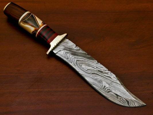 Handmade Damascus Bowie Hunting Knife | Burn Camel Bone, Pakka Wood & Rose Wood Handle
