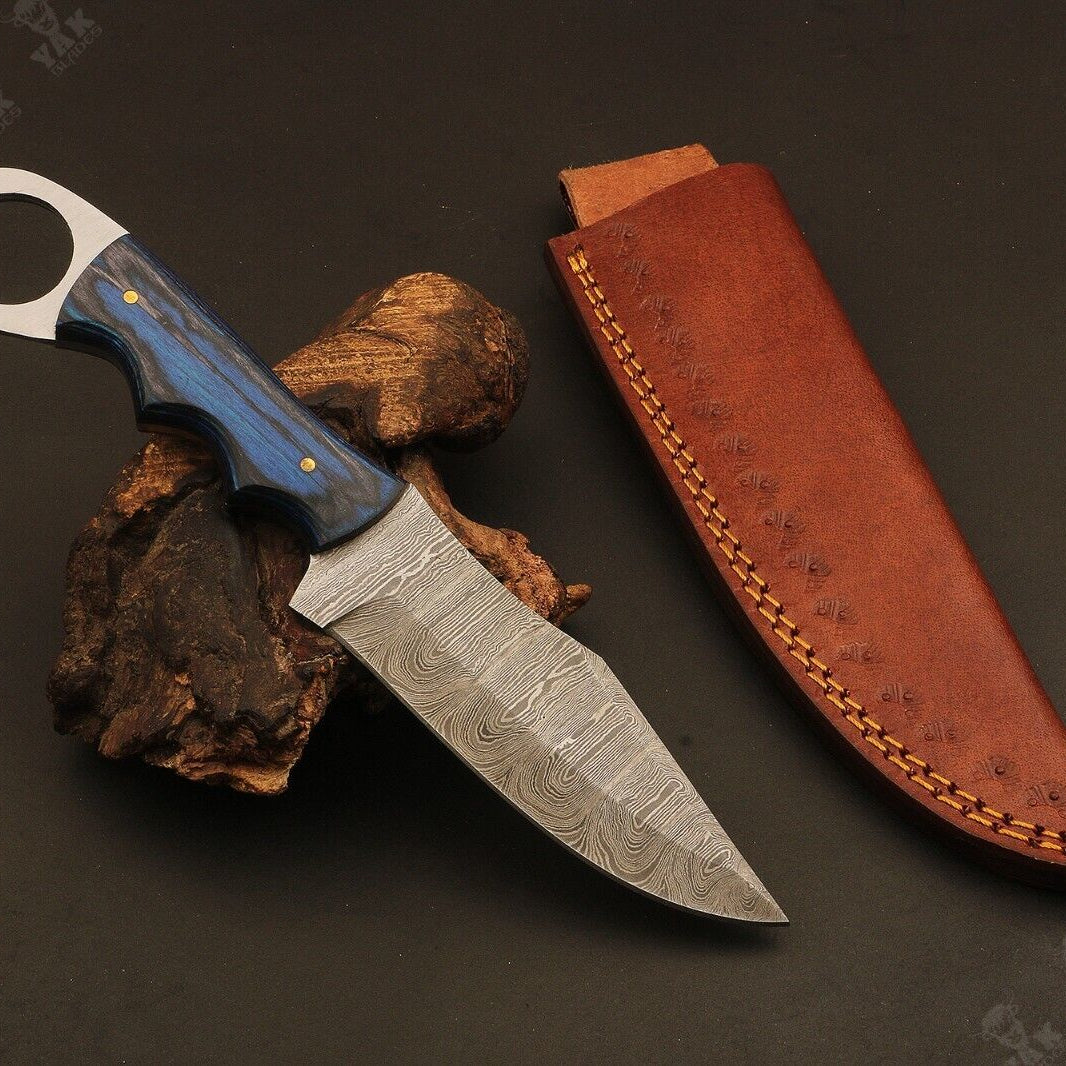 Heritage Forge Ladder Damascus Steel Hunting Knife with Camel Bone and Wood Handle