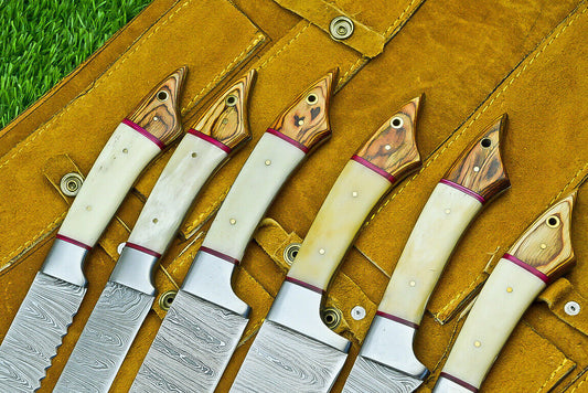 6-Piece Custom Handmade Damascus Steel Chef Knife Set with Leather Roll