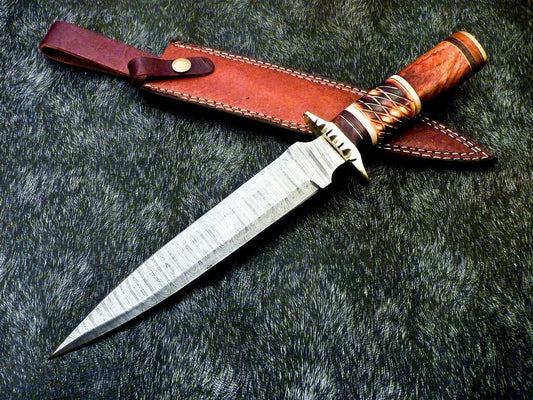 15 Inch Damascus Hunting Dagger Knife with Camel Bone and Wood Handle