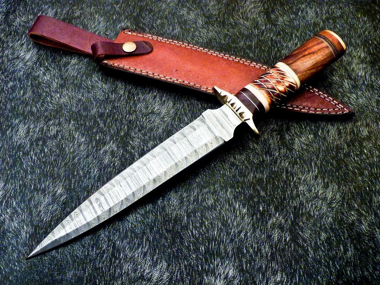 15 Inch Damascus Hunting Dagger Knife with Camel Bone and Wood Handle