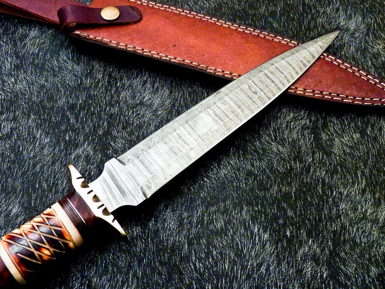 15 Inch Damascus Hunting Dagger Knife with Camel Bone and Wood Handle