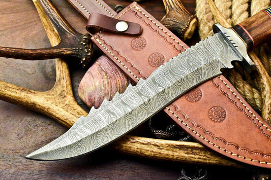 15" Damascus Steel Bowie Knife – Walnut Wood Handle & Leather Sheath