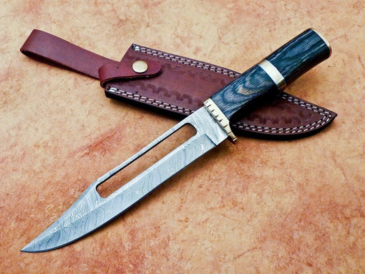 Heritage Forge 12 Inch Handmade Damascus Hunting Knife with Hardwood Handle and Brass Bolster