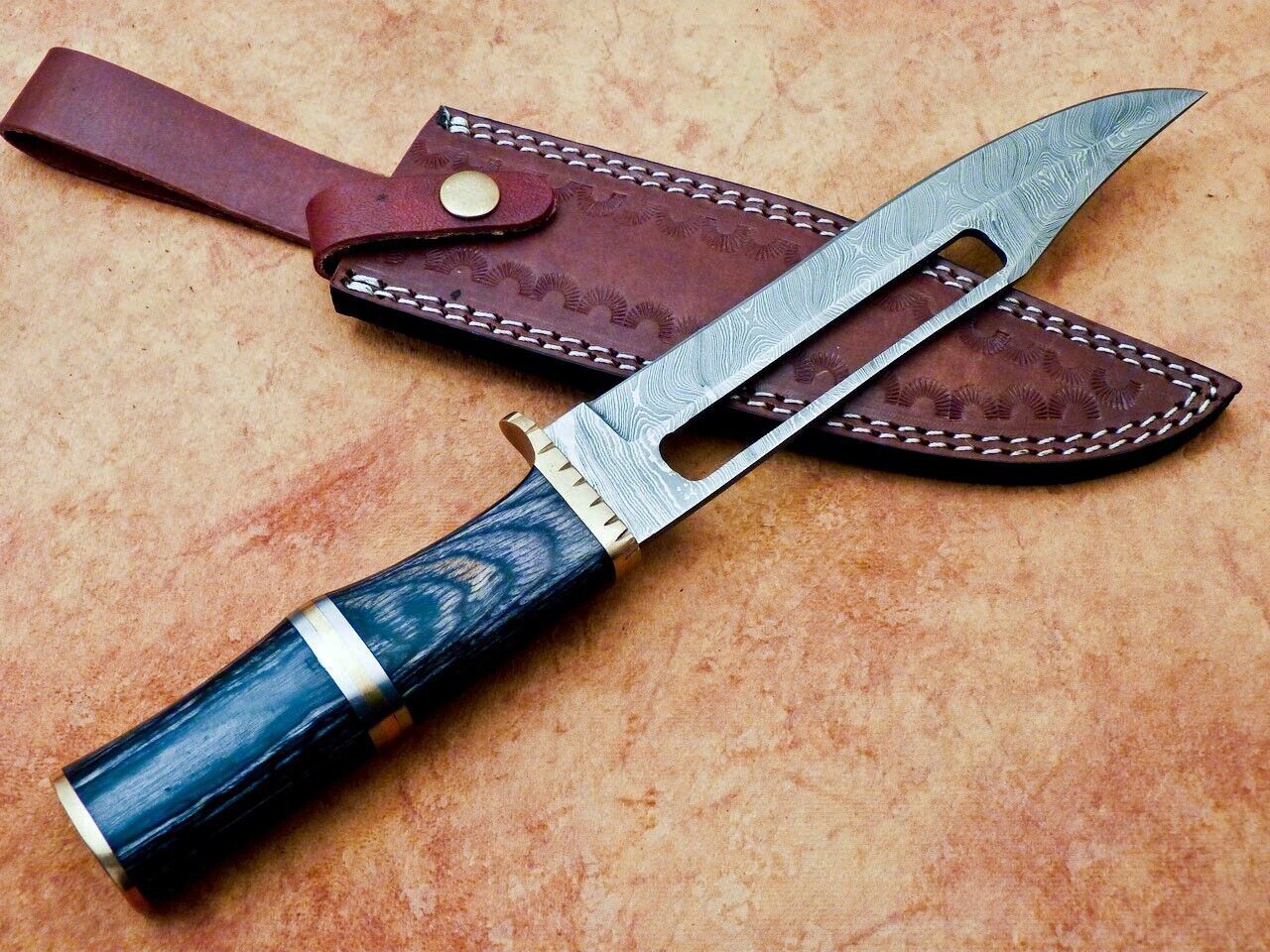 Heritage Forge 12 Inch Handmade Damascus Hunting Knife with Hardwood Handle and Brass Bolster