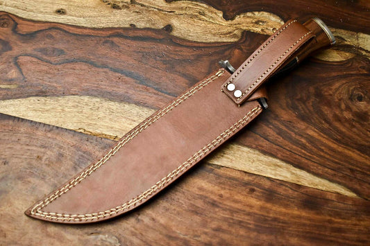 15" Handmade Damascus Steel Hunting Bowie Knife – Camel Bone Handle with Leather Sheath