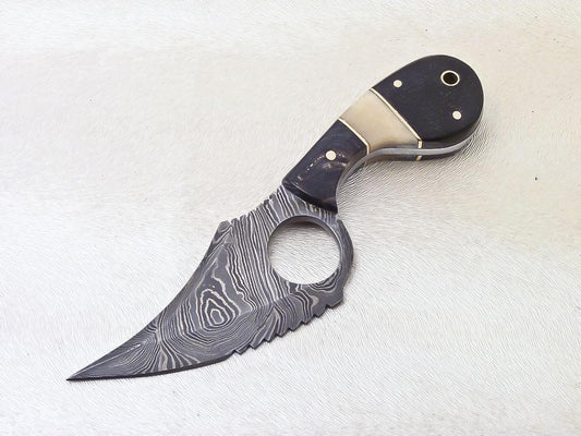 Custom Handmade Damascus Skinner Knife with Bull Horn and Camel Bone Handle