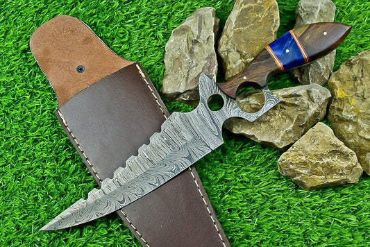 Heritage Forge 12.5 Inch Damascus Steel Hunting Bowie Knife with Camel Bone and Wood Handle