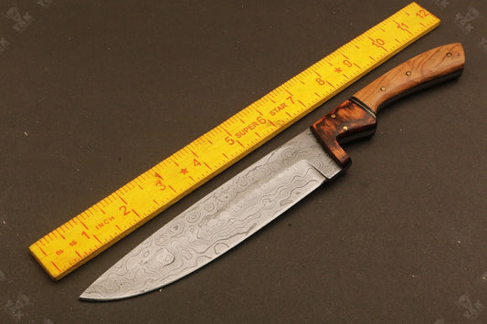 12" Custom Hand Forged Raindrop Damascus Steel Santoku Chef Knife – Camel Bone & Wood Handle