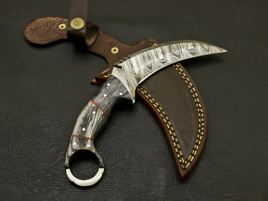 8.5" Handmade Damascus Karambit Knife Damascus Steel Knife with Pakkawood Handle