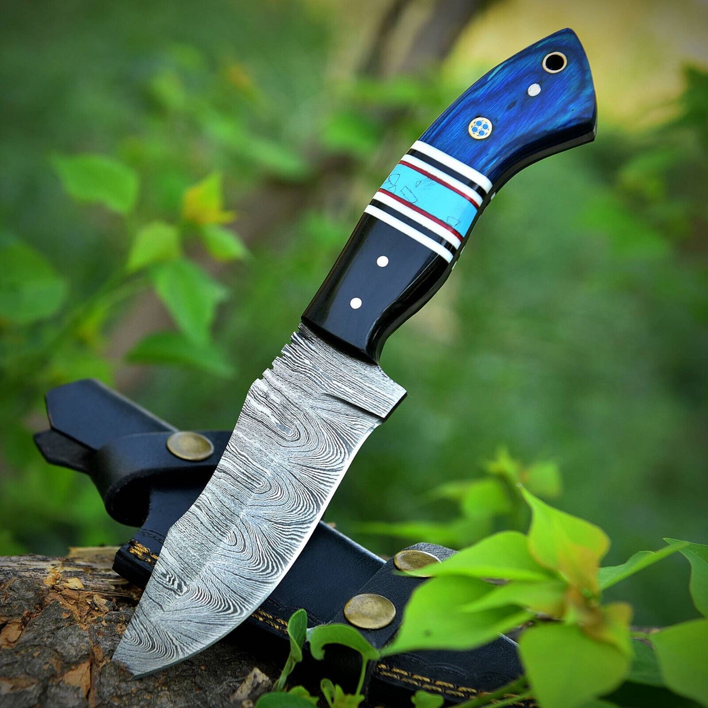 8" Damascus Bowie Knife – Pakkawood & Resin Handle with Leather Sheath