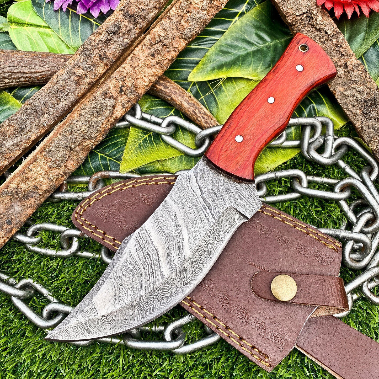 Custom Handmade Damascus Steel Full Tang Tracker Knife – Hardwood Handle, Brass Bolsters