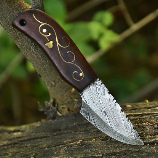 7" Fire Damascus Fixed Blade Knife Forged Steel Compact EDC w/Sheath