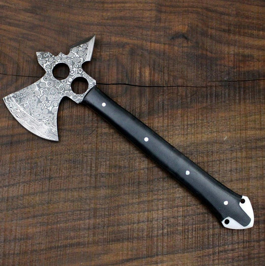 Handmade Damascus Steel Viking Axe with Micarta Wood Handle for Bushcraft and Camping