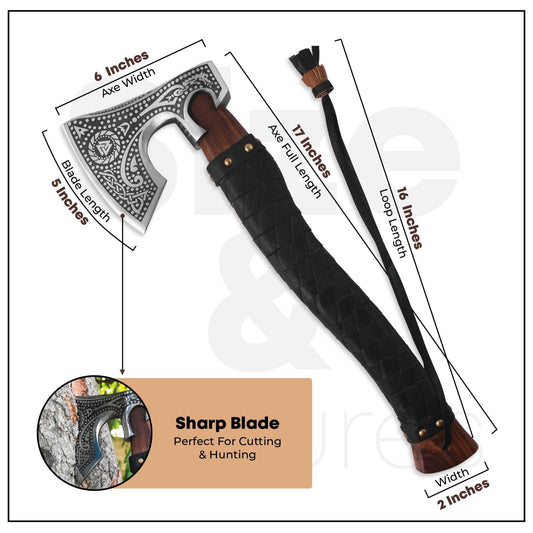 Viking Axe Hand Forged Carbon Steel Bearded Battle Axe with Rosewood Handle and Leather Sheath