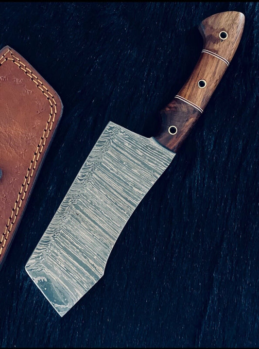 Heritage Forge 11 Inch Handmade Damascus Cleaver Knife with Camel Bone and Wood Handle