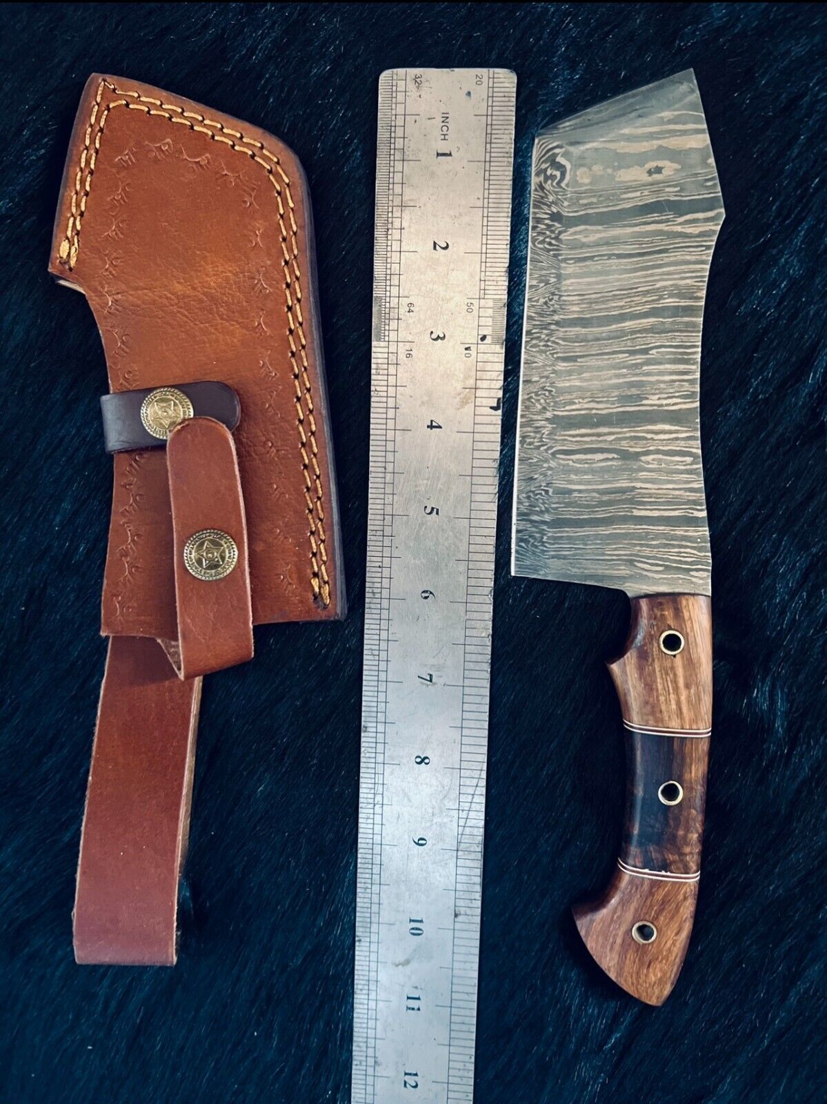 Heritage Forge 11 Inch Handmade Damascus Cleaver Knife with Camel Bone and Wood Handle
