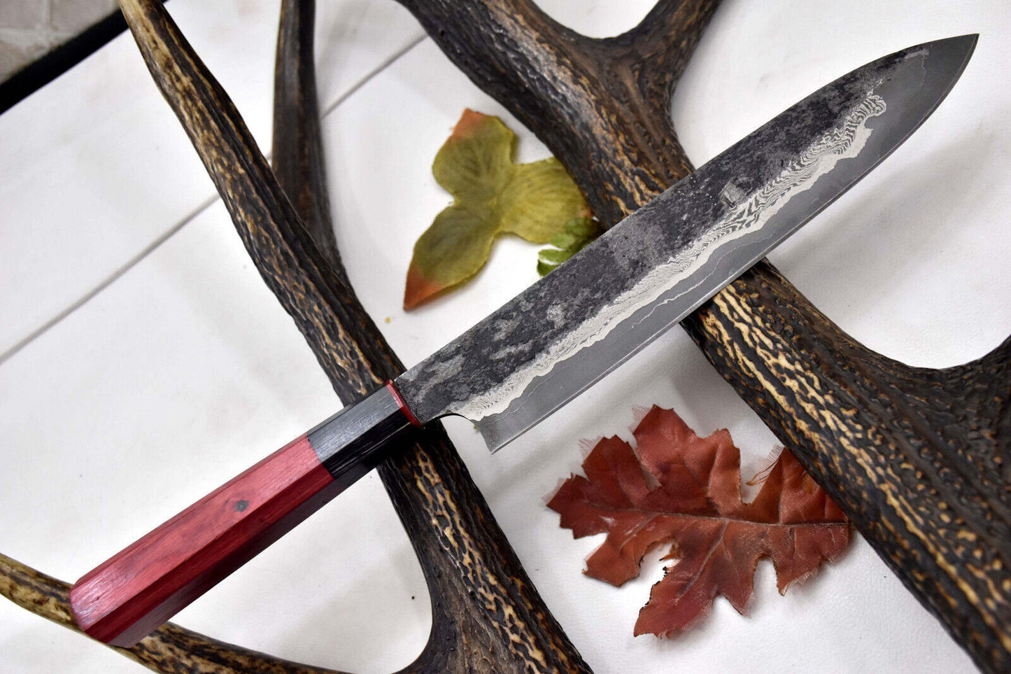 Custom Handmade Hammered San Mai Damascus Steel Chef Knife – Walnut Handle, 14.4" Ladder Pattern Blade