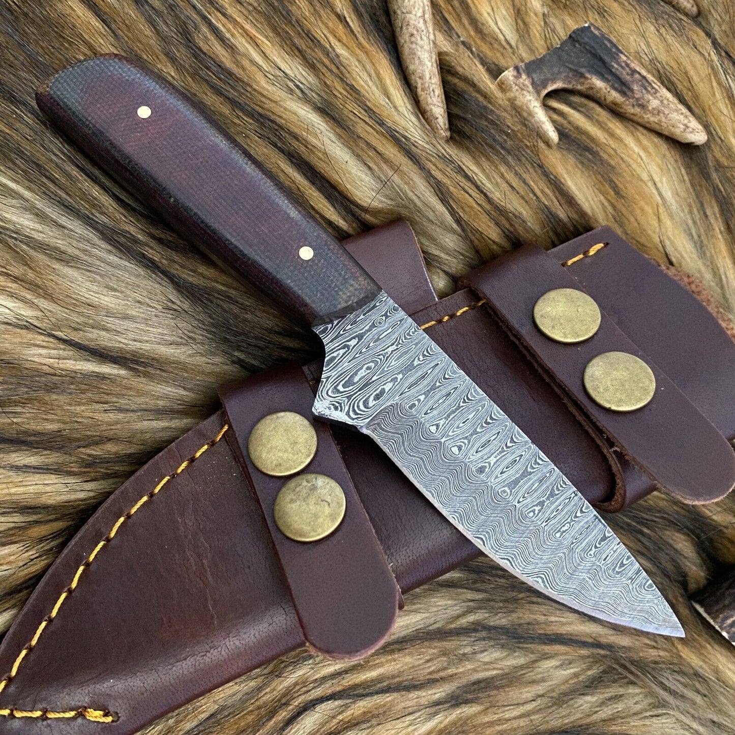 Twist Damascus Steel Skinner Knife Full Tang Cleaver Style with Wood Handle and Sheath