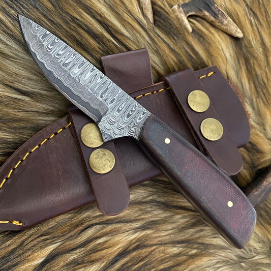 Twist Damascus Steel Skinner Knife Full Tang Cleaver Style with Wood Handle and Sheath