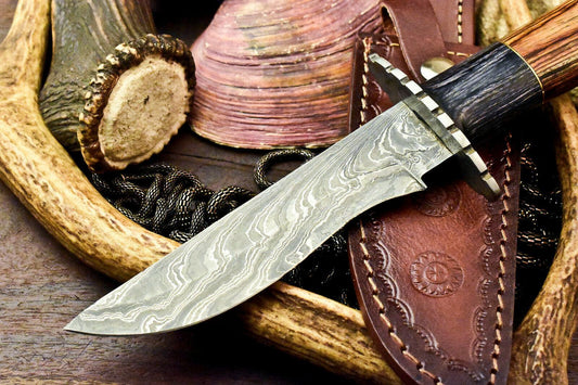 11" Handmade Damascus Steel Bowie Knife – Walnut Wood Handle & Leather Sheath