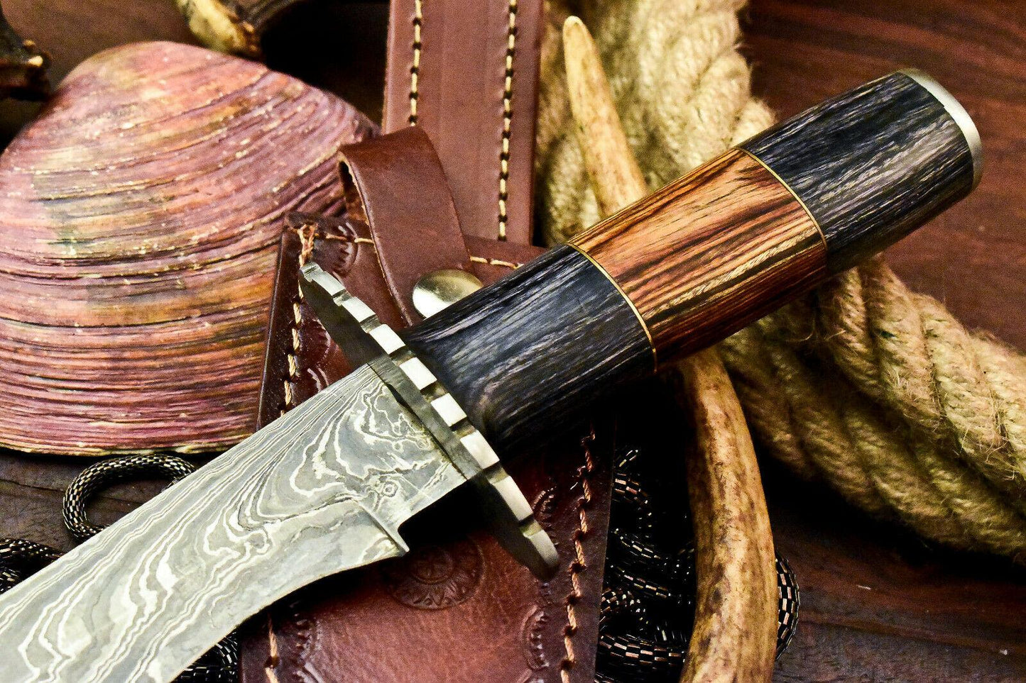 11" Handmade Damascus Steel Bowie Knife – Walnut Wood Handle & Leather Sheath