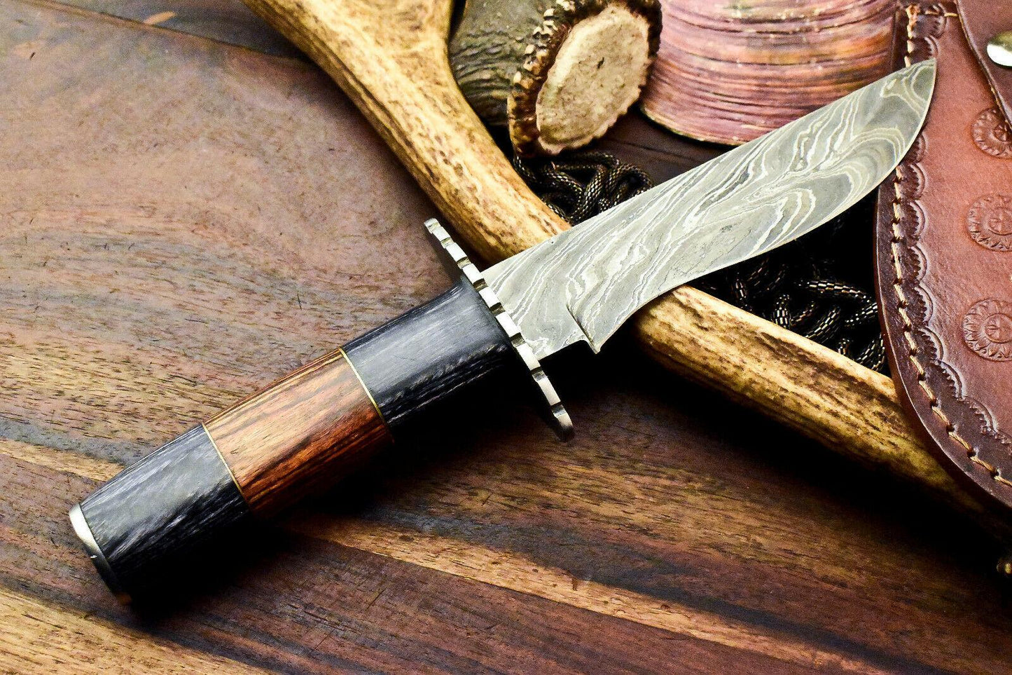 11" Handmade Damascus Steel Bowie Knife – Walnut Wood Handle & Leather Sheath