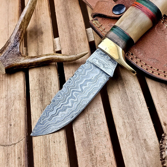 9" Damascus Bowie Knife – Camel Bone Handle with Brass Bolster & Leather Sheath
