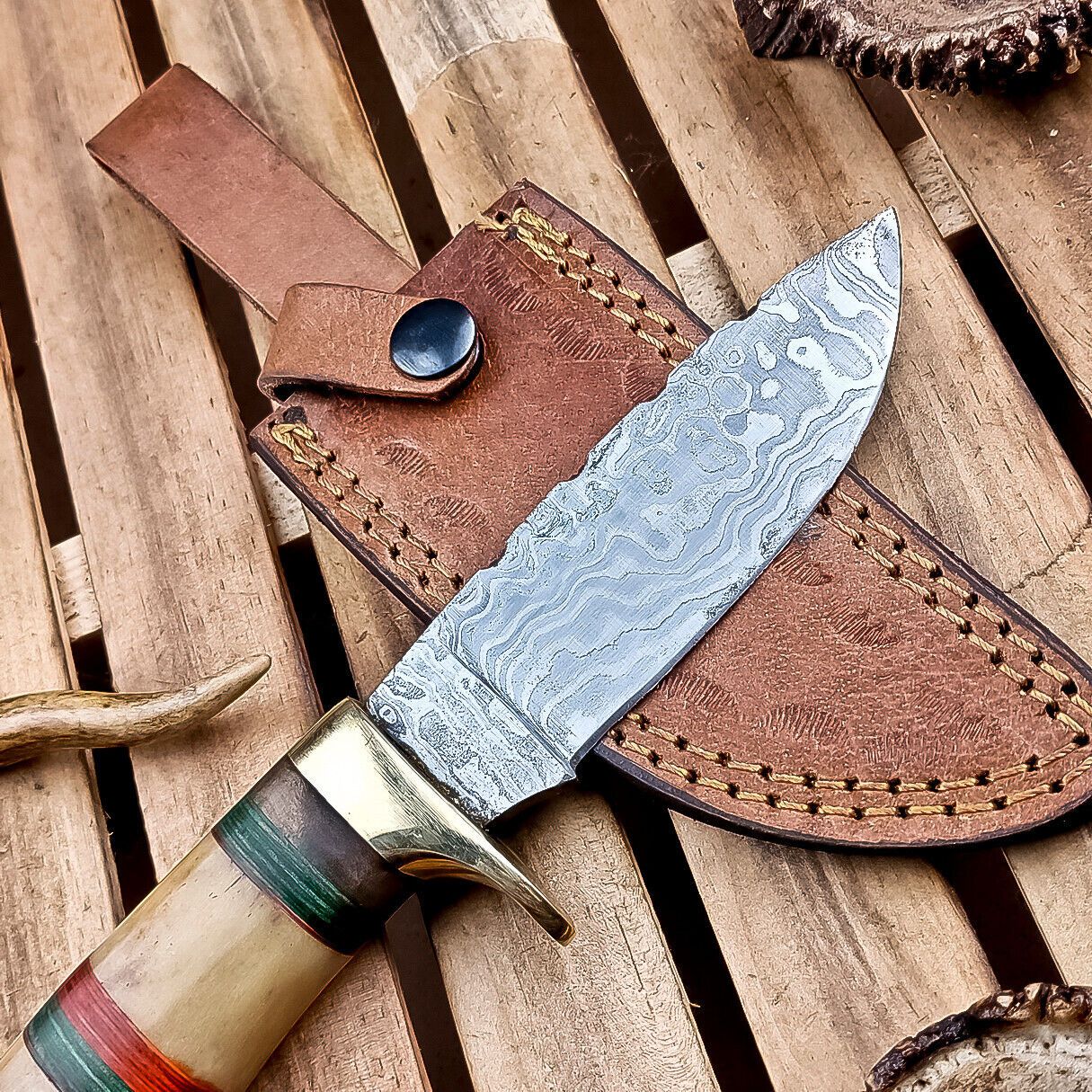 9" Damascus Bowie Knife – Camel Bone Handle with Brass Bolster & Leather Sheath