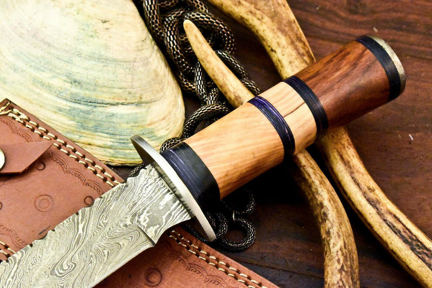 Handmade Damascus Bowie Knife | Walnut Wood Handle 13"