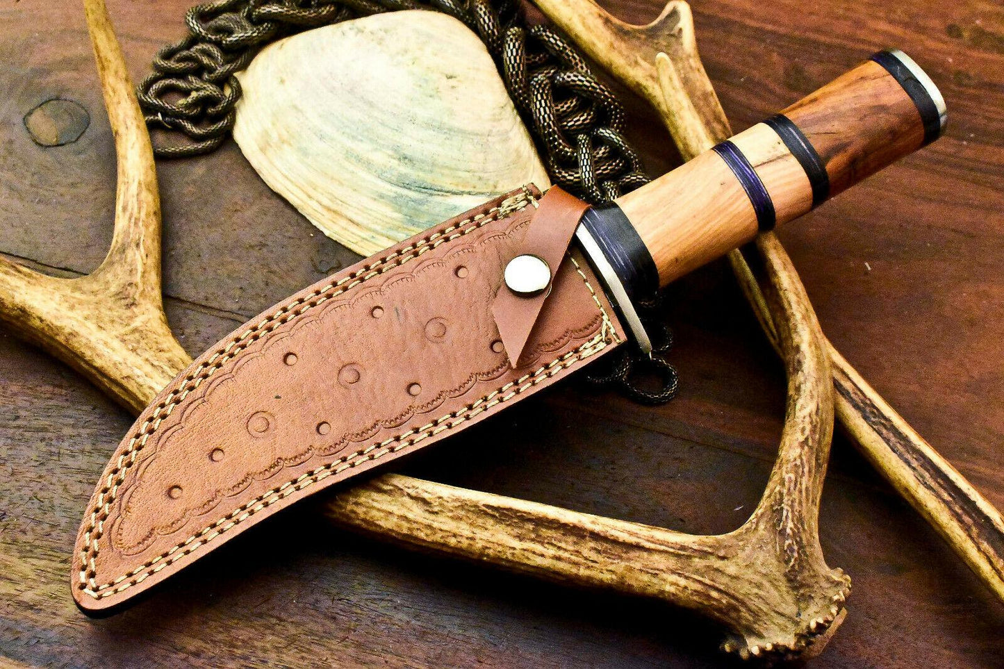 Handmade Damascus Bowie Knife | Walnut Wood Handle 13"