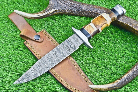 12 Inch Damascus Steel Bowie Knife with Resin and Natural Wood Handle