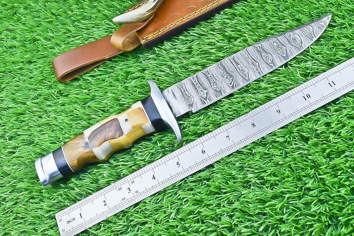 12 Inch Damascus Steel Bowie Knife with Resin and Natural Wood Handle