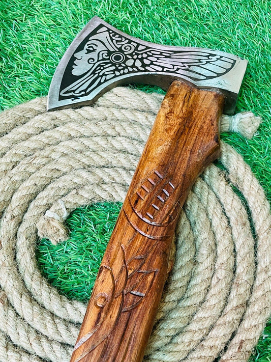 Handmade Forged Steel Viking Bearded Camping Axe with Wood Handle and Leather Sheath